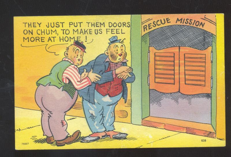 DRUNK MEN RESCUE MISSION BAR DOORS VINTAGE COMIC POSTCARD