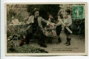 3161740 TEA CUP Grandfather Kids GARDEN Puppy Vintage Photo PC