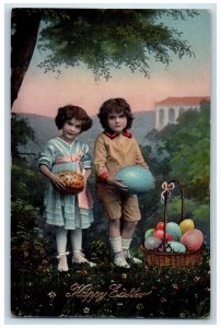 c1910's Happy Easter Children Collecting Eggs Basket Gel Antique Postcard 