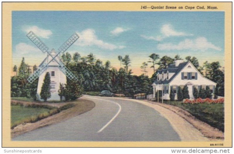 Massachusetts Cape Cod Quaint Street Scene With Windmill Curteich