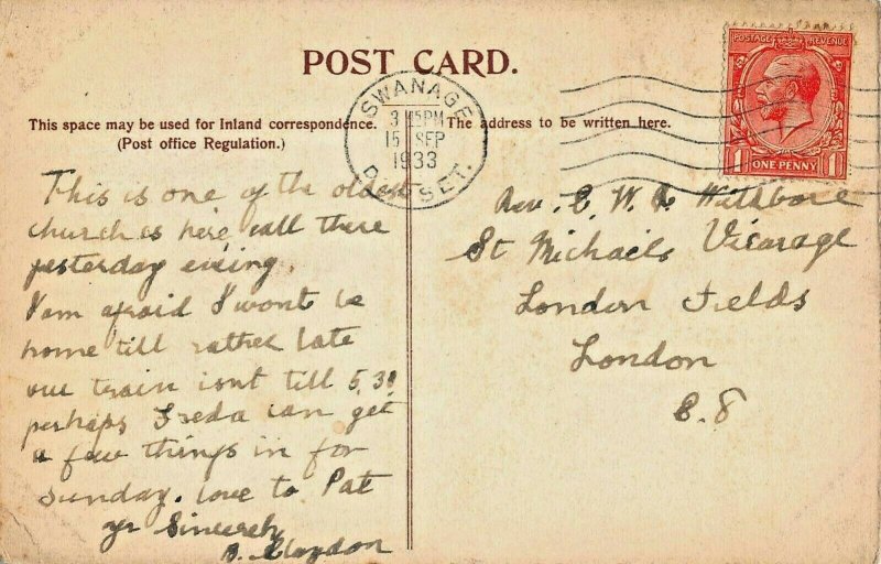 SWANAGE DORSET ENGLAND~STUDLAND CHURCH-1933 TINTED PHOTO POSTCARD