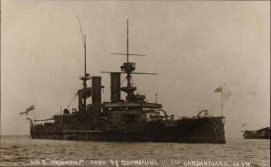 Battleship Ships British Navy HMS TRIUMPH  Sunk in Dardanelles c1910s RPPC