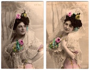 1920's RPPC S/2 PEPITA SEVILLA SPANISH ACTRESS HANDCOLORED LACE DRESS POSTCARDS