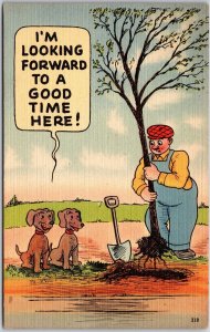 1930's Man And His Pet Dogs Looking Forward To A Good Time Here Comic Postcard