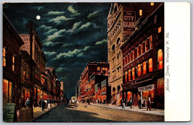 Vtg Wheeling West Virginia WV Market Street View at Night 1900s Old Postcard