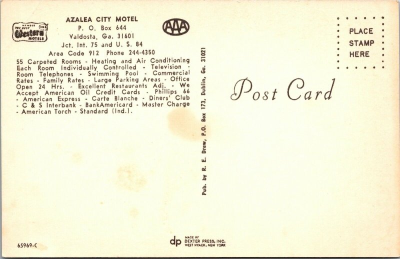 Azalea City Motel Valdosta Georgia Vintage Postcard GA Advertising Travel