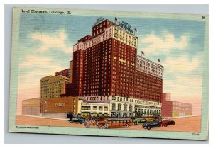 Vintage 1945 Advertising Postcard Hotel Sherman Antique Cars Chicago Illinois