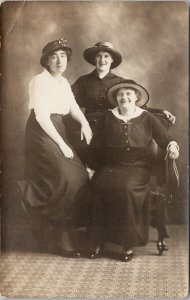 Portrait of Three Women Hats Studio Real Photo Postcard G66