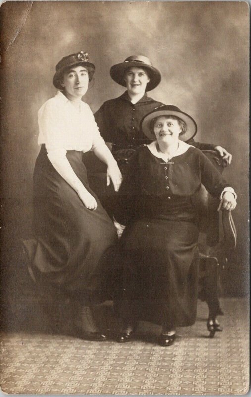 Portrait of Three Women Hats Studio Real Photo Postcard G66