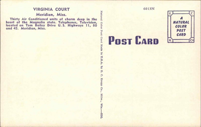 Meridian Mississippi MS Motel Interior TV Vintage Postcard