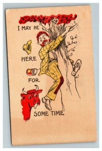 Vintage 1905 Comic Postcard Bull Chases Man Up Tree Funny