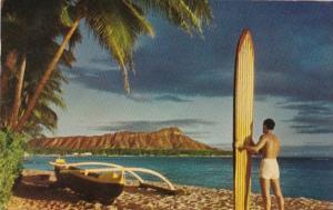 Hawaii Diamond Head Native With Surfboard and Outrigger Canoe 1957