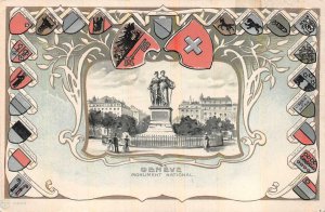 GENEVE NATIONAL MONUMENT SWITZERLAND COAT OF ARMS EMBOSSED POSTCARD (c. 1900)