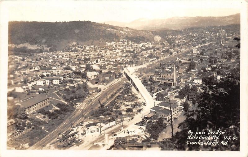 Cumberland Maryland Bird's Eye View~Bridge (National Highway Rt 40)~1930s RPPC