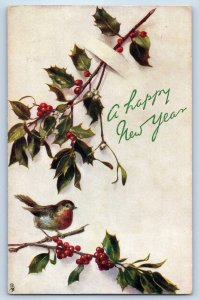 1905 New Year Holly Berries And Bird Oilette Tuck Fenton MI Embossed Postcard