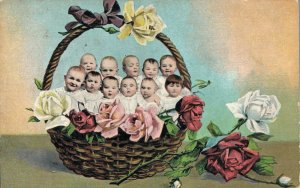 Babies In A Big Basket Vintage Postcard 08.08 