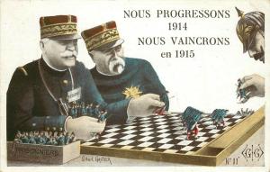 Postcard Marshal Foch & Joffre Play Chess Vs. Wilhelm II WWI Nous Vaincrons 1915