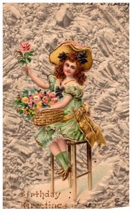 Birthday Greetings, Girl on Stool , basket of Flowers