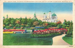 Vintage Linen Postcard South Park Buffalo NY Father Baker & Church