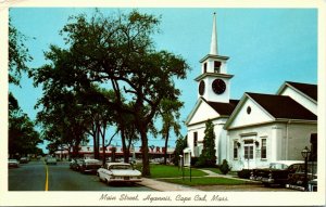 Postcard MA Hyannis Cape Cod Main Street First Baptist Church Old Cars 1950s S21
