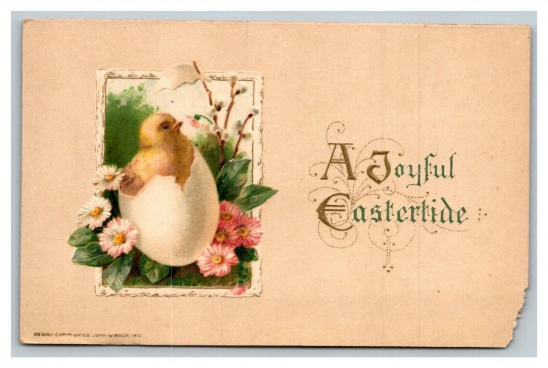 Vintage 1910's Winsch Back Easter Postcard Cute Chick Hatching Group of Flowers