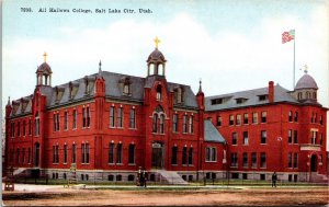 Hallows College Campus Buildings Street View US Flag Crosses People Postcard UNP 