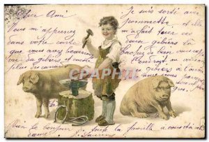 Old Postcard Cochon Pig Child Blacksmith Horseshoe