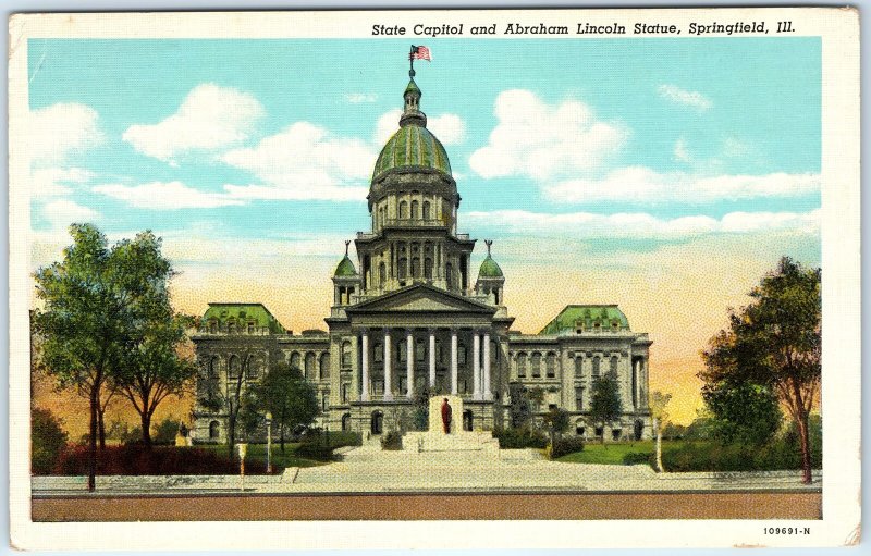 c1940s Springfield IL State Capitol Abraham Lincoln Monument Linen Roadside A290