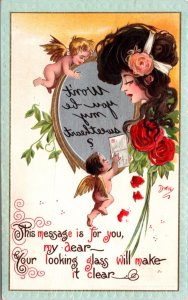 Dwig Valentine Cupid Cherubs Give Postcard to Woman Reverse Message in Mirror