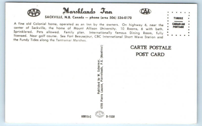 SACKVILLE, New Brunswick Canada ~ MARSHLANDS INN  c1960s Roadside  Postcard