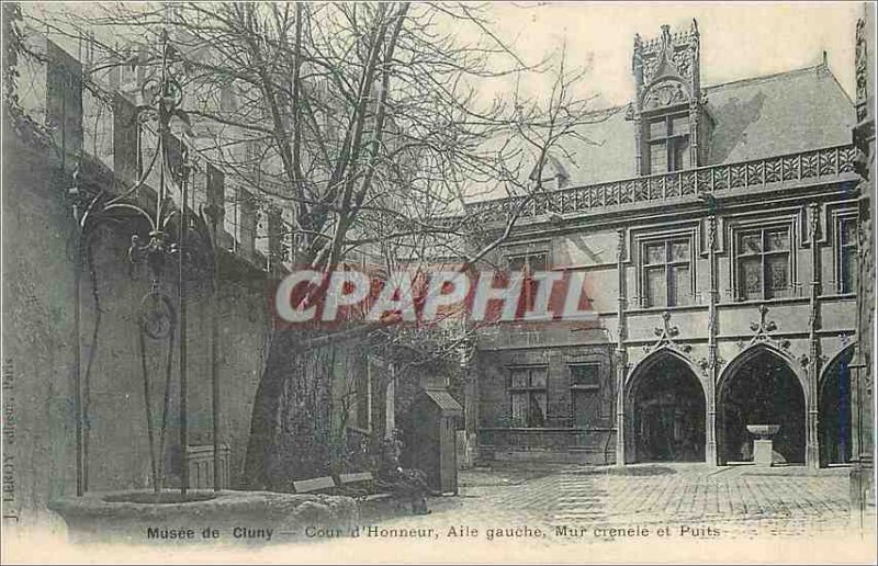 Old Postcard Musee Cluny Court of Honor Eagle Left crenelated wall and Well