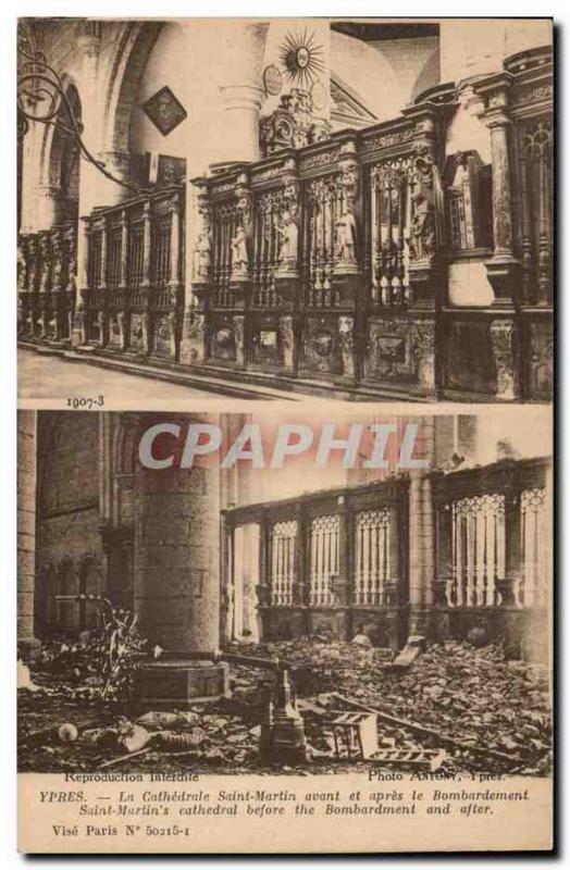 Old Postcard Belgium Ypres The cathedral Saint Martin before and after the bo...