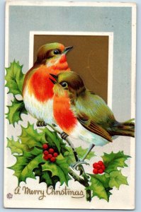 Christmas Postcard Song Birds Holly Berries Embossed Carmel Maine ME 1915