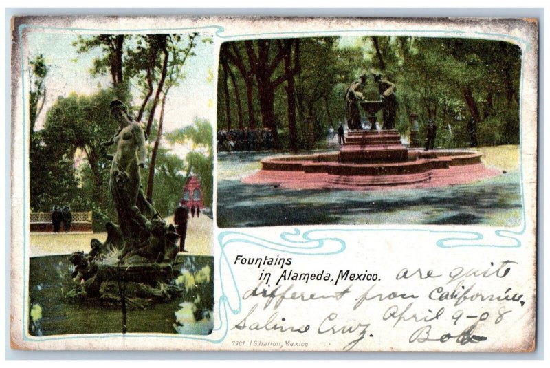 Alameda Mexico Postcard View of Two Carved Fountains 1908 Posted Antique