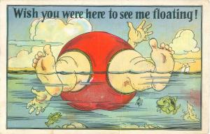 Wish You Were Here to See Me Floatingm, Swimmer, Bather, Legs1938 Comic Postcard