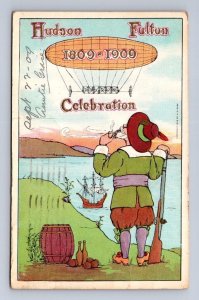 HUDSON FULTON EXPO BLIMP SHIP GUN TOBACCO ROSE EMBOSSED POSTCARD 1909