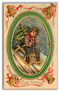 Vintage 1918 Christmas Postcard Cute Child on Sled Xmas Tree Gold Bells