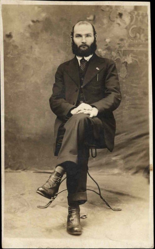 Bearded Man in Studio Moundsville WV Brinkmier's Studio Real Photo Postcard