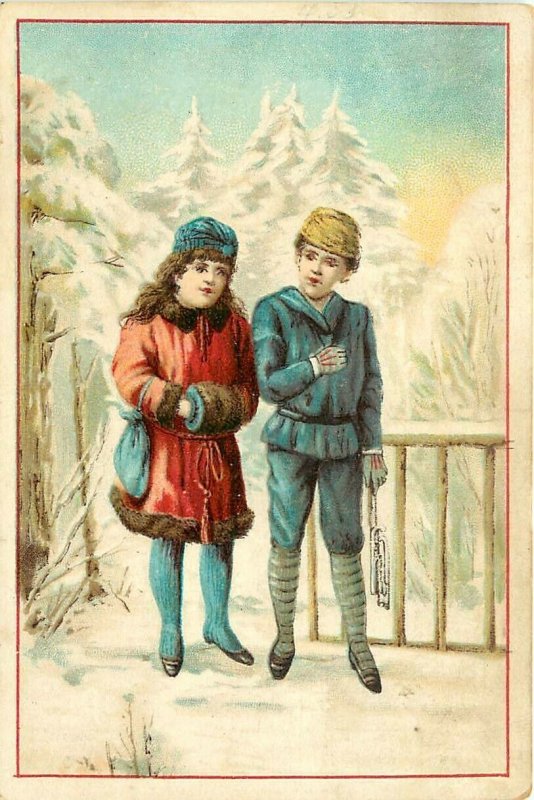 Victorian Trade Card; Alaska Seal Shoe Oil San Francisco, Boy & Girl in Snow