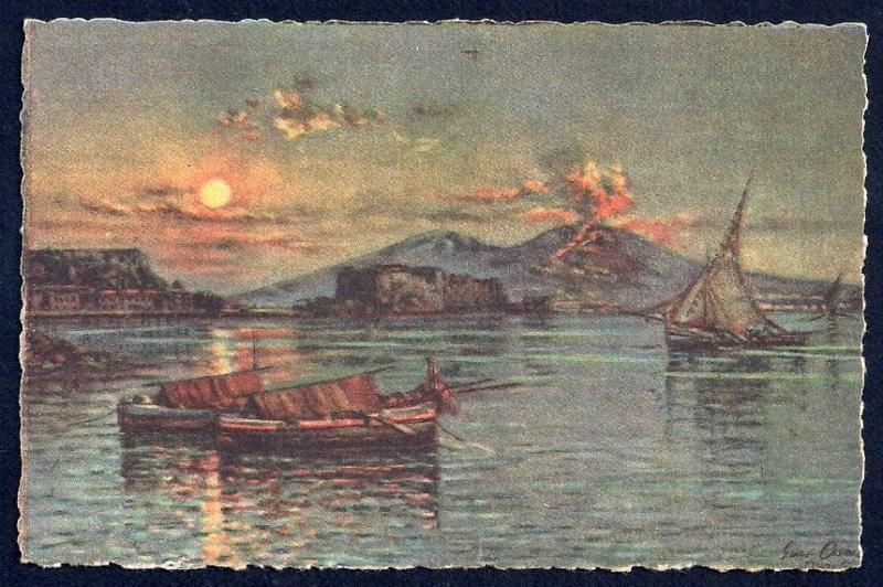 Vesuvius Nite Fishing Boats Naples by Carelli unused c1940's