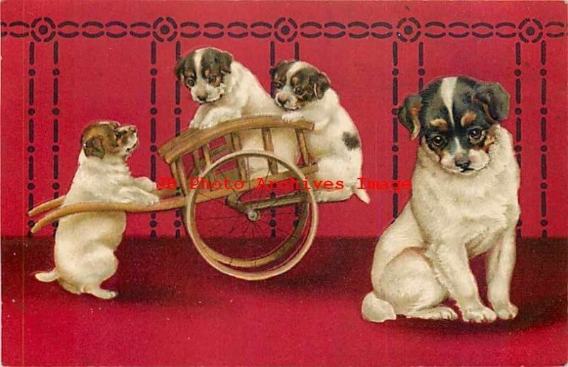 Helena Maguire, Behrendt No 202, Puppies & Dog Playing in Wooden Cart, Embossed 