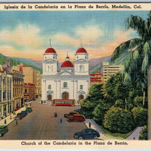 c1940s Medellin, Colombia Downtown Plaza Berrio Candelaria Church Linen Col A207