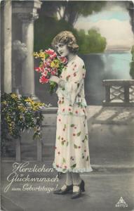 Vintage tinted photo postcard charm lady birthday greetings