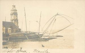 Pre-1907 RPPC Postcard; Manila P.I. Light House, Fishing Boats & Nets, Unposted