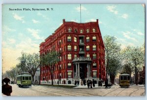 c1910 Syracuse New York Vintage Postcard Snowden Flats Building Railway Trolley