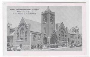 First Congregational Church Sixth St Cars San Diego California 1950c postcard