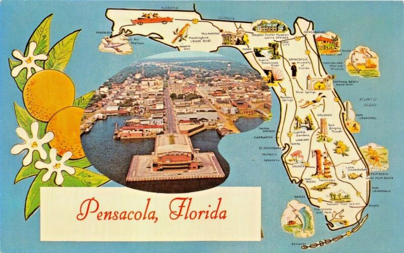 PENSALCOLA FLORIDA-AERIAL VIEW OF PIER + DETAILED MAP 1960s POSTCARD