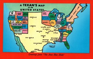 A Texan's Map of the United States - c1970 - Chrome