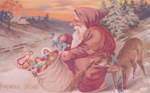 Santa Claus Brown Robe Deer Toys Antique Vintage Christmas Postcard Germany