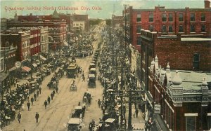 1910 Oklahoma City Oklahoma Trolley's Autos Broadway Birdseye Postcard 22-11649